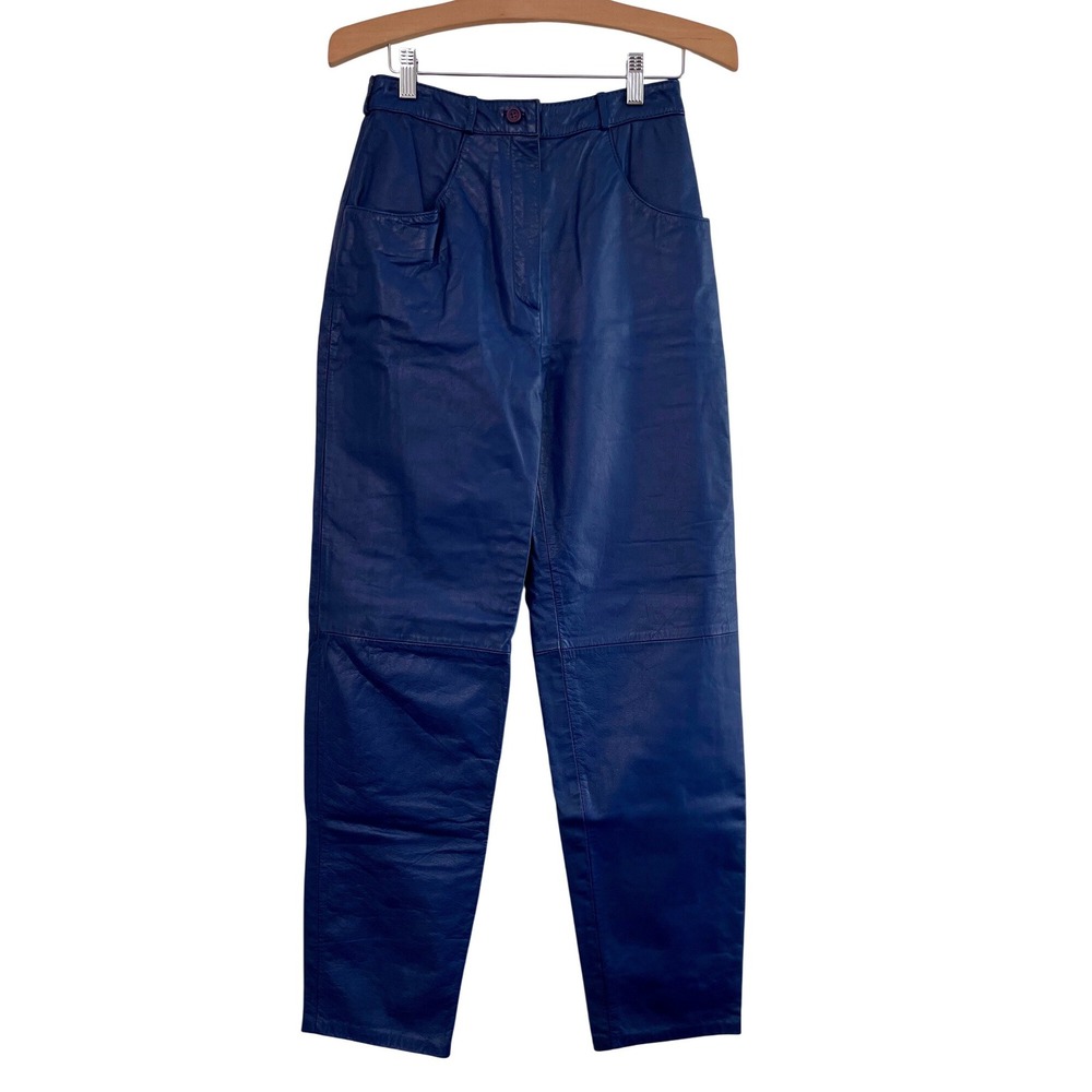 Vintage Saks Fifth Avenue Blue Leather High Waisted Tapered Pants Size 8‎ Korea
